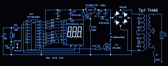 Схема регулятор мощности паяльника на микроконтроллере PIC16F628A