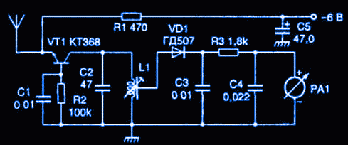 Схема индикатора электромагнитного поля на транзисторе КТ368
