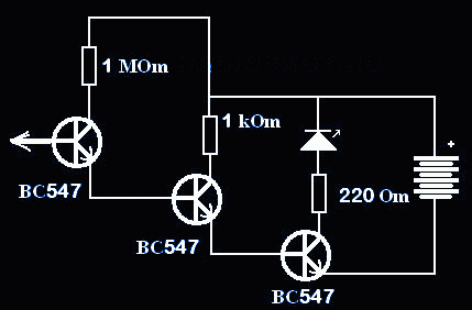 Схема детектора скрытой проводки на транзисторах ВС547